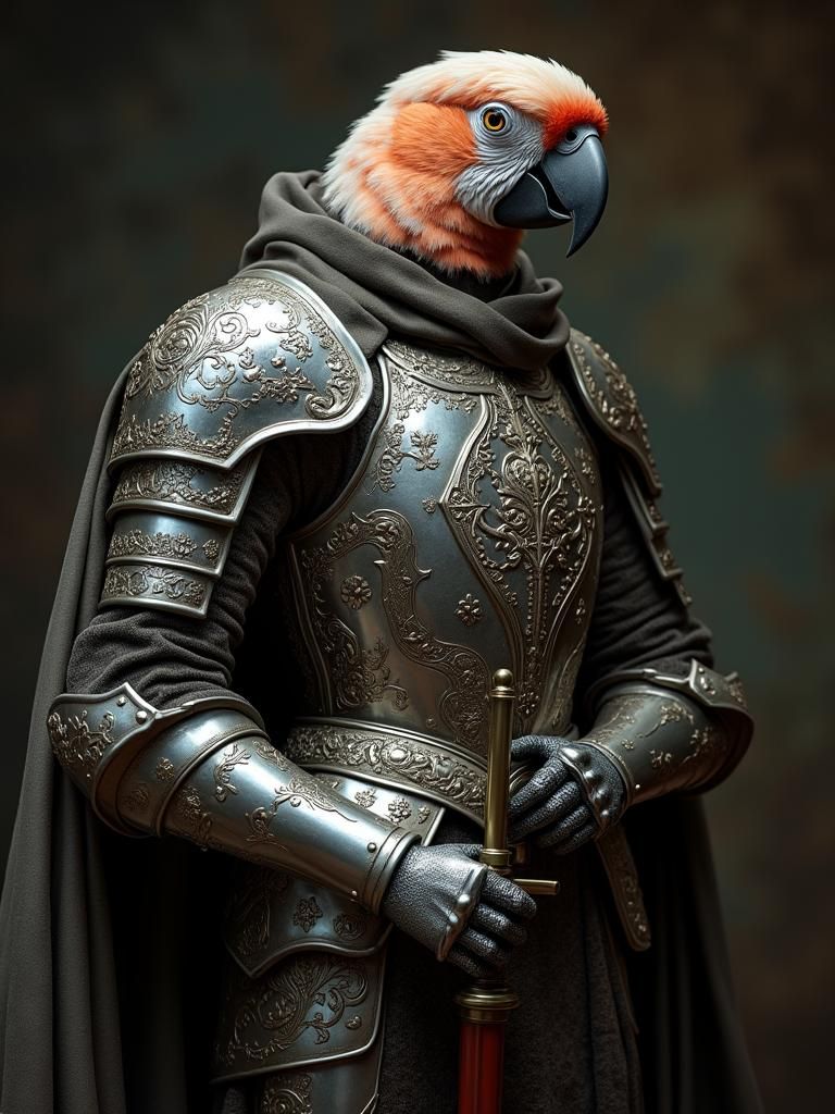 Regal Parrot Knight in Ornate Silver Armor