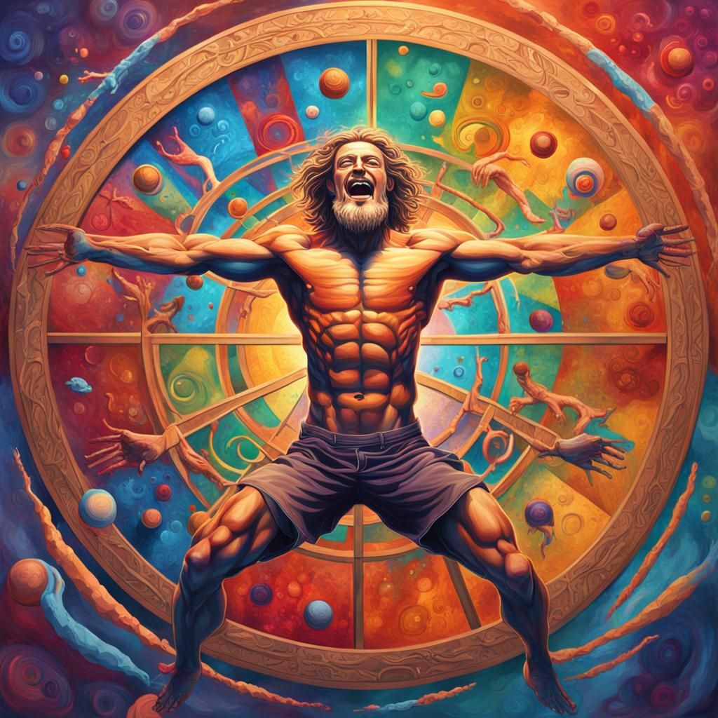 Laughing Vitruvian Man with Circle in Splash Art Style