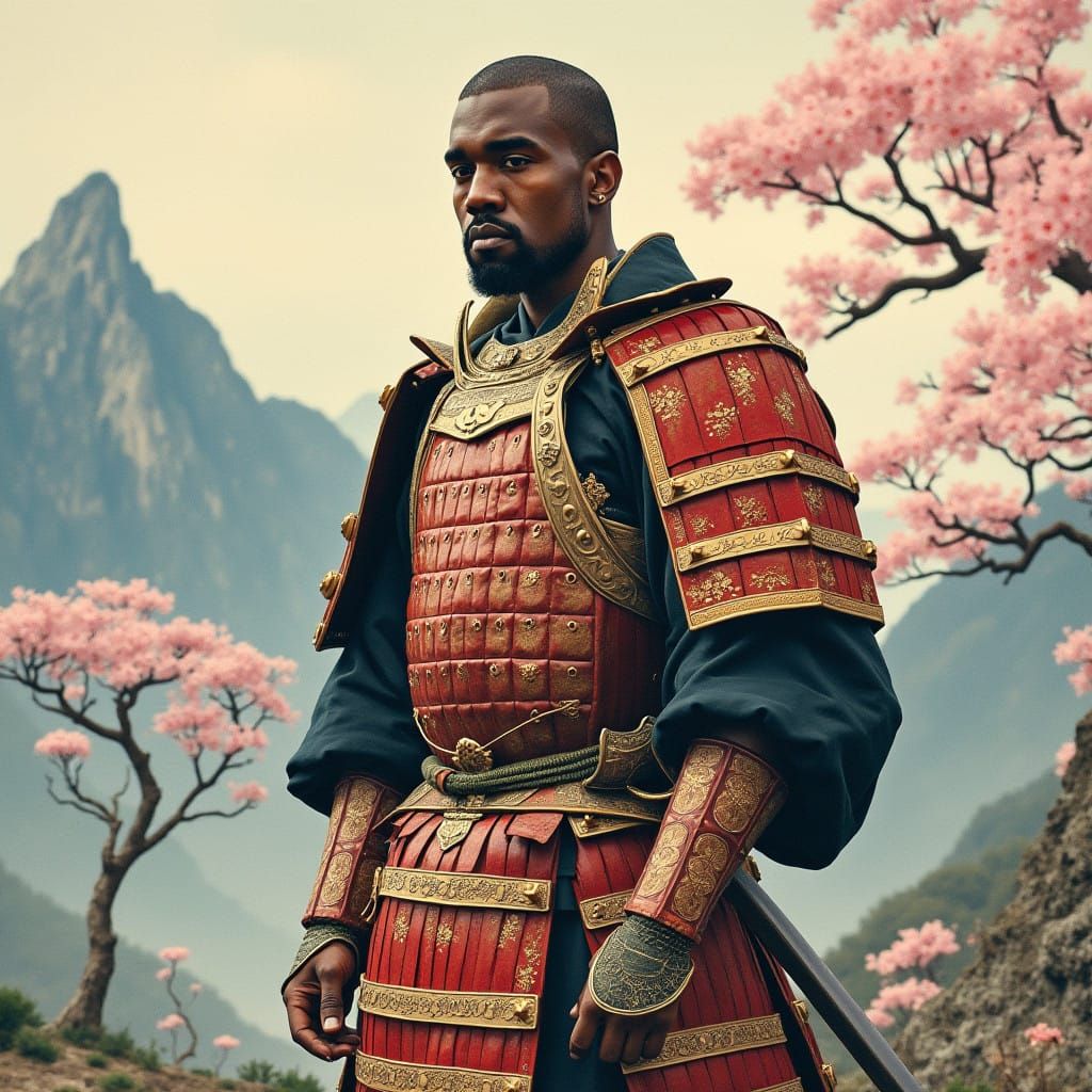 Kanye as a Majestic Samurai in Traditional Asian Art