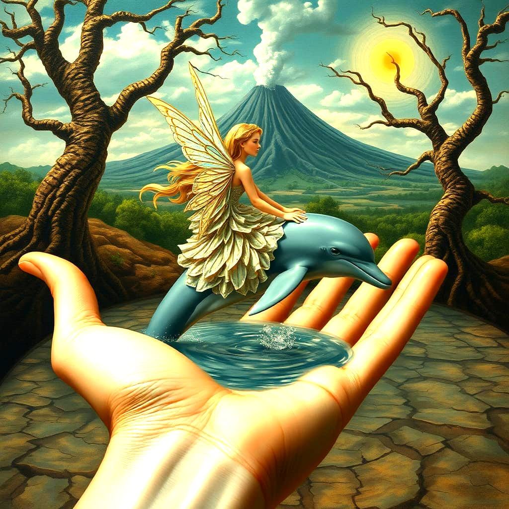 Surreal Dolphin and Fairy Handscape, Abstract Cubism