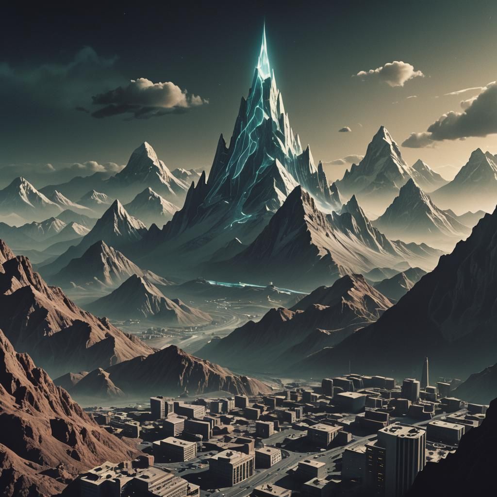 Futuristic Mountain City: Retro Sci-Fi 3D Render