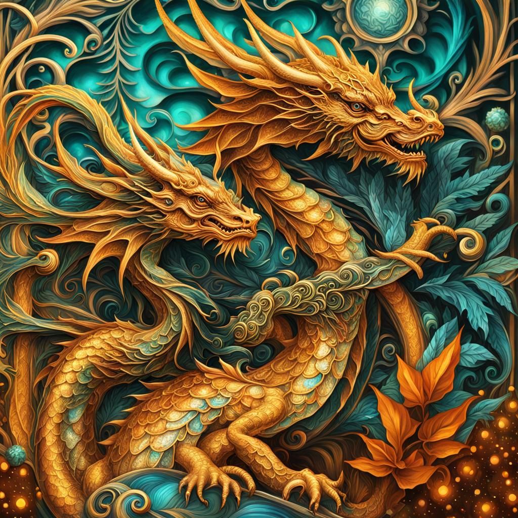 Golden Dragon with Christmas Tree in Detailed Digital Art