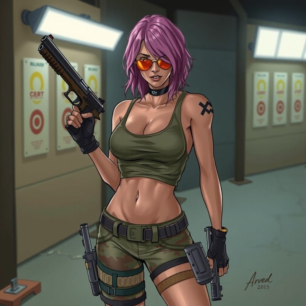Camo Lara Croft at Firing Range in Comic Book Art