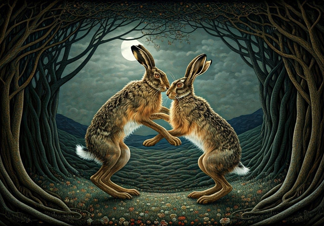 Hares Dancing in Moonlight: Art Nouveau Style