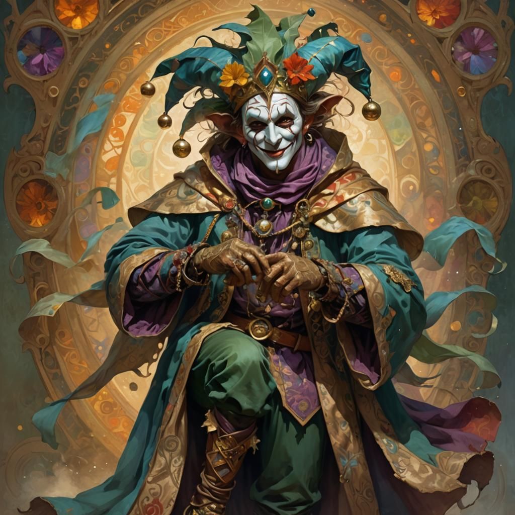 Fantastical Jester Bard Portrait in Art Nouveau Style