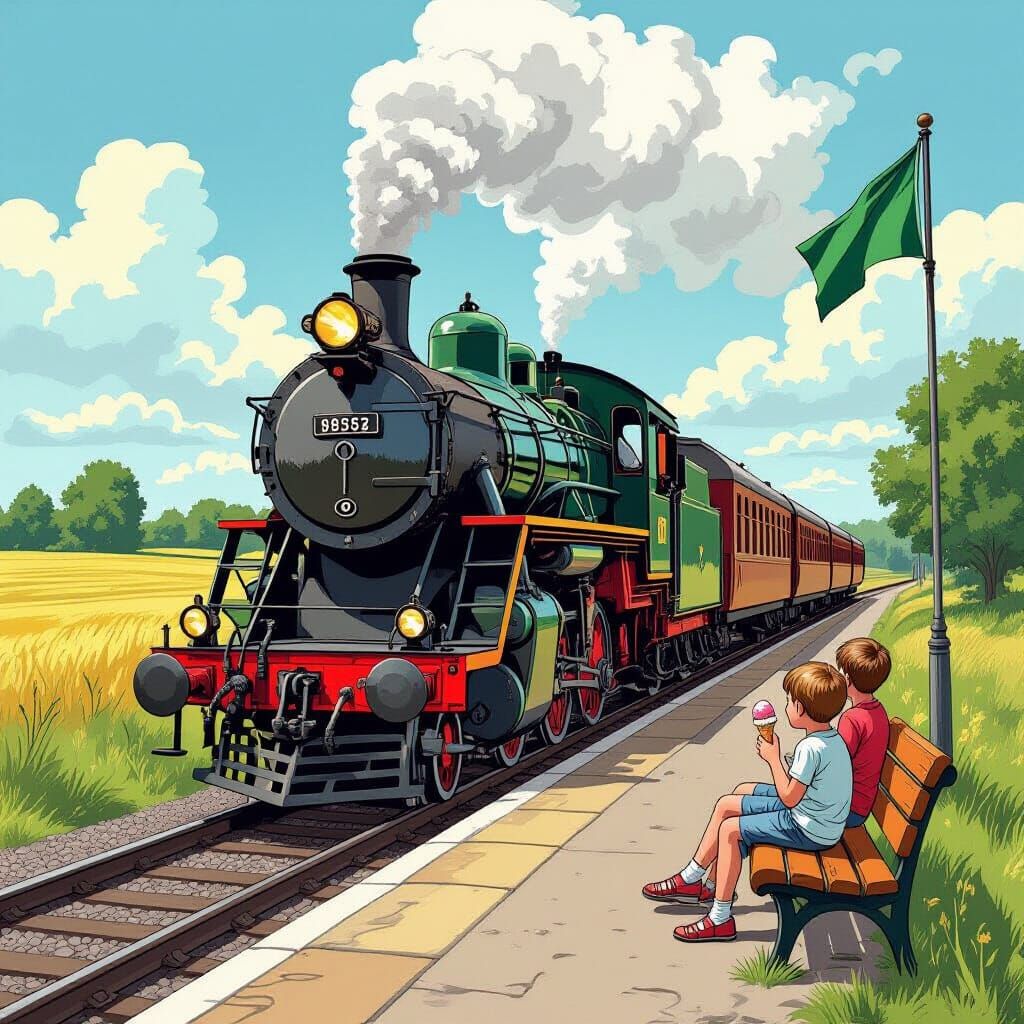 Countryside Train Station in Comic Book Art Style