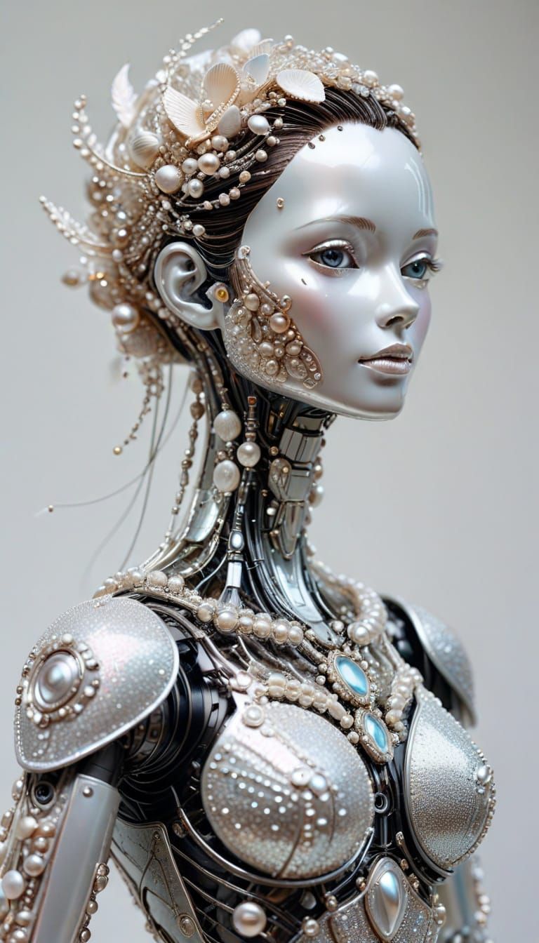 Pearl and Seashell Robot Woman: Digital Art