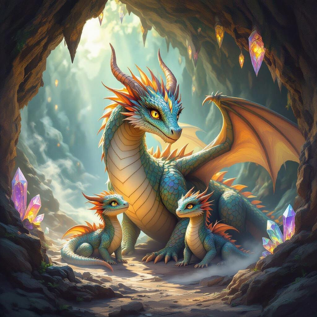 Majestic Mother Dragon and Offspring in Crystal Cavern