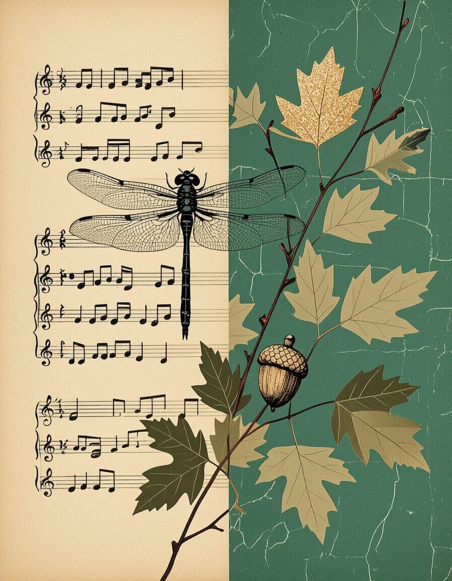 Vintage Collage: Dragonfly, Leaves, and Music Notes