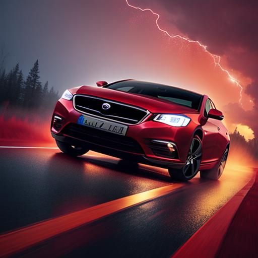 Futuristic Car Driving Through a Red Thunderstorm