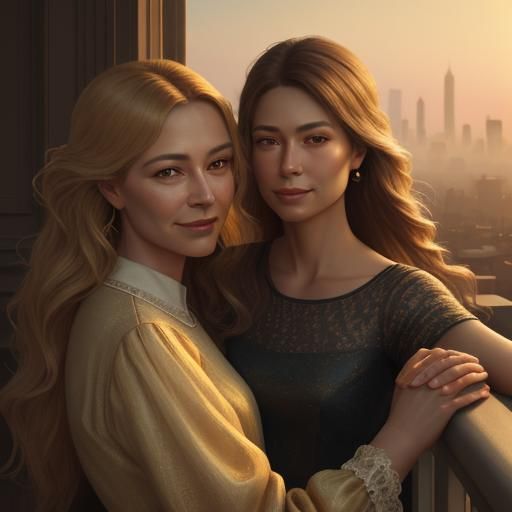 Romantic Couple Embrace at Sunset: Digital Oil Painting