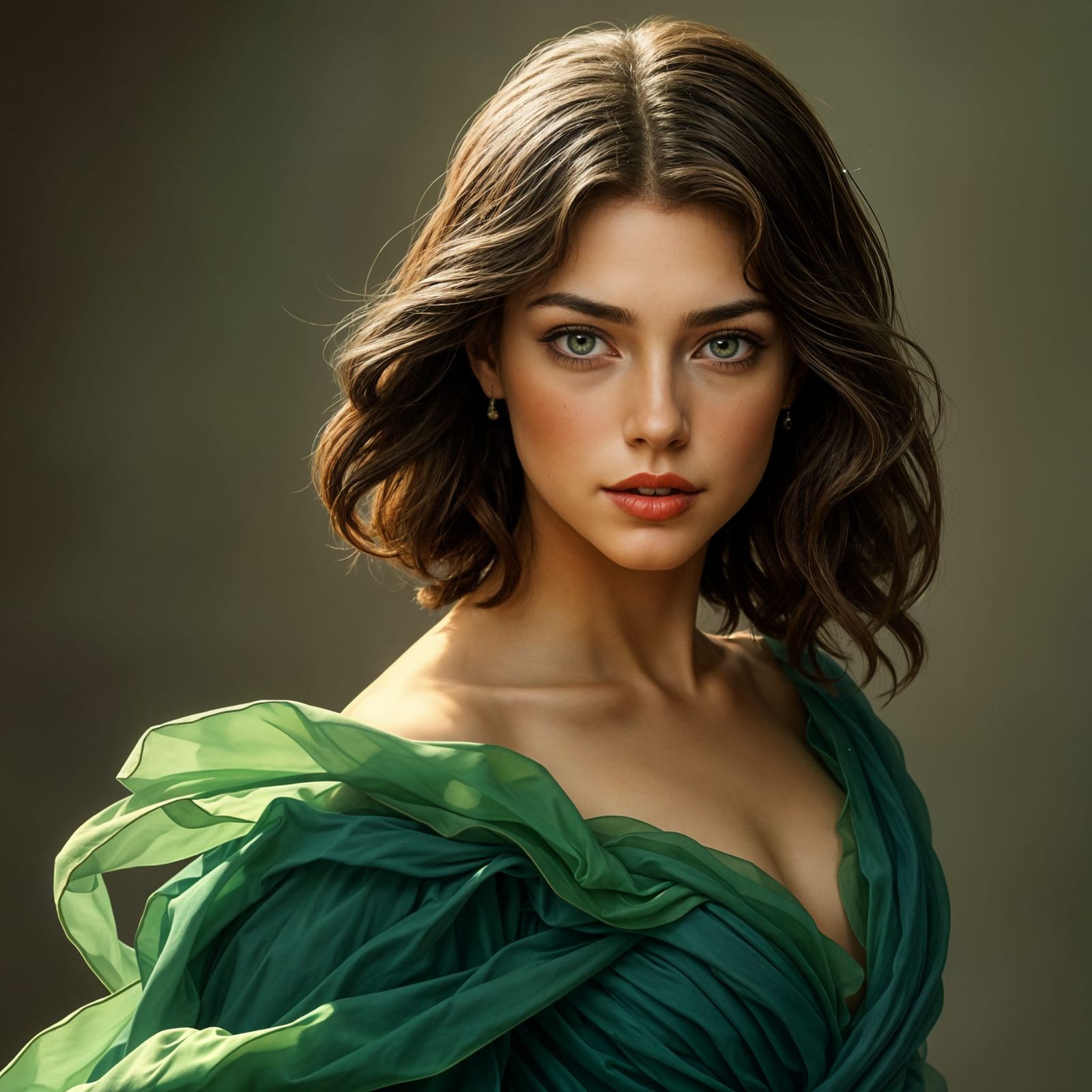 Enigmatic Literary Siren in Emerald Hues