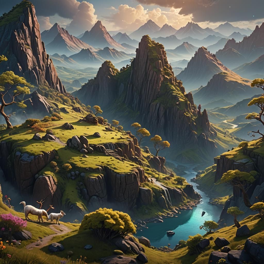 Vibrant Landscape with Diverse Animals in Fantasy Art Style