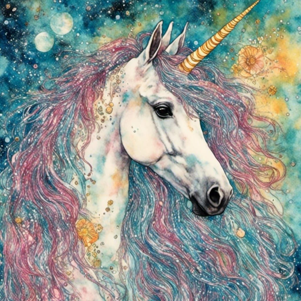 Ethereal Sky Unicorn in Mixed Media Collage
