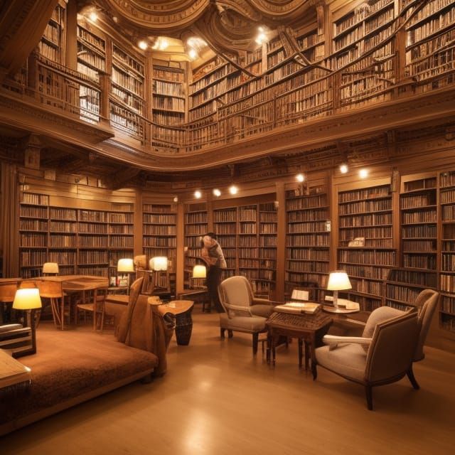 Cozy Firelit Library Scene with Steaming Coffee