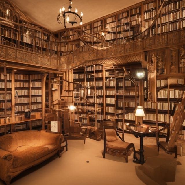 Cozy Firelit Library with Steaming Coffee