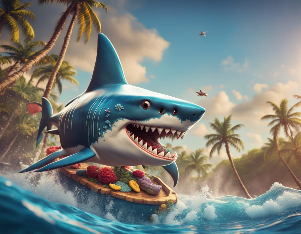Cartoon Shark in Hawaiian Shirt: Detailed Matte Painting