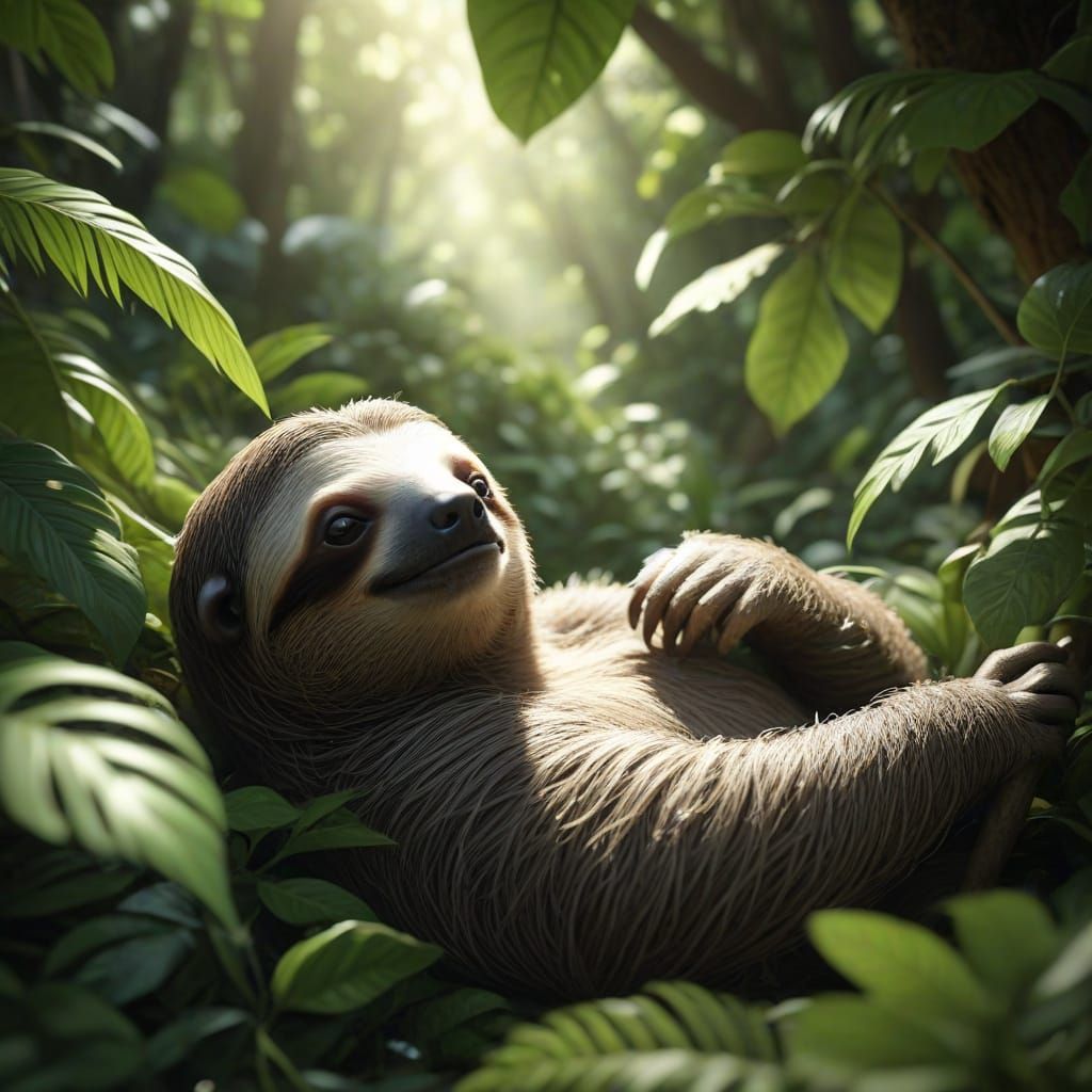 Serene Sloth Sleeping Under Dappled Rainforest Canopy