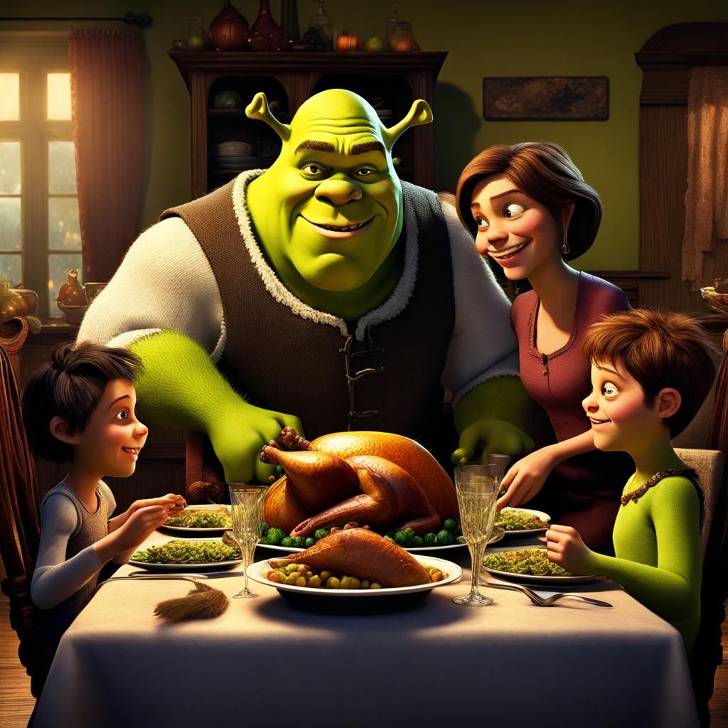 Shrek Attends Thanksgiving Dinner: Detailed Matte Painting