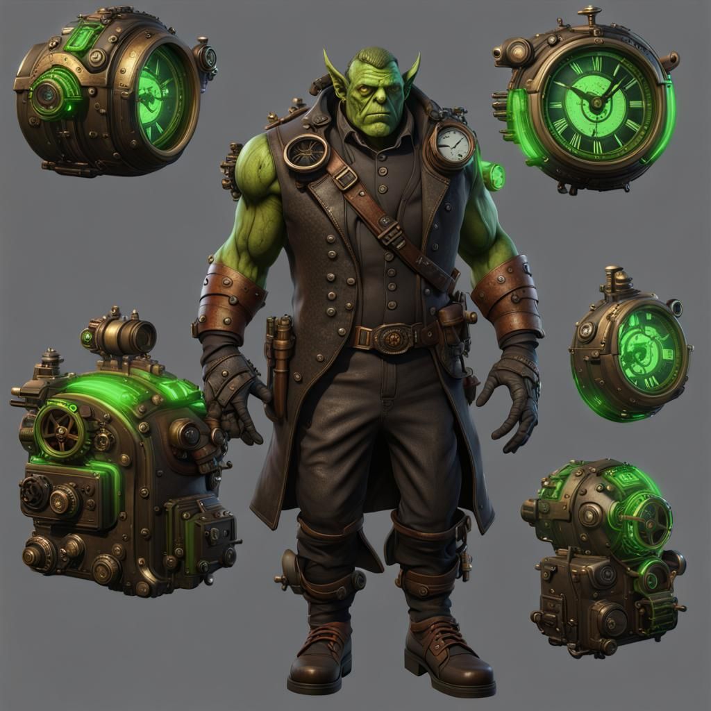 Steampunk Orc with Green Glow in 8k