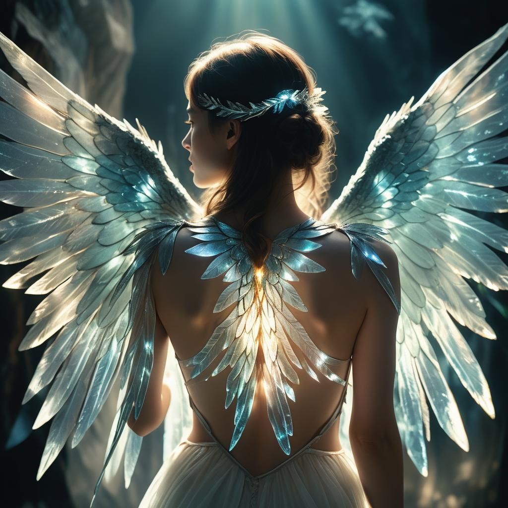 Luminous Woman with Translucent Glowing Wings
