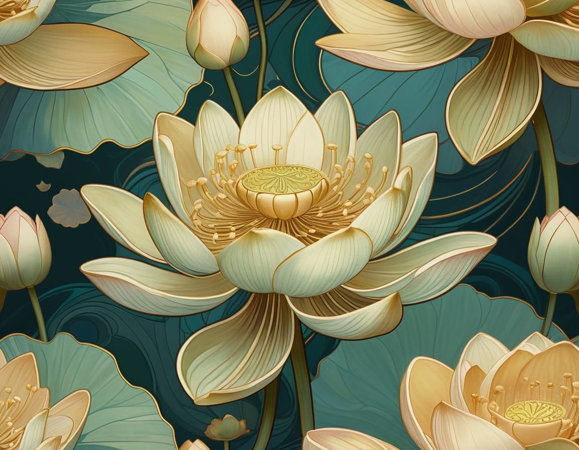 Elegant Art Nouveau Lotus Flower in Full Bloom