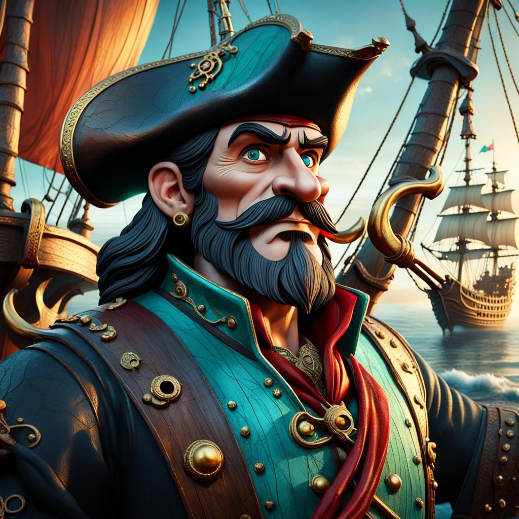 Captain Hook with Pinocchio Nose on Pirate Ship