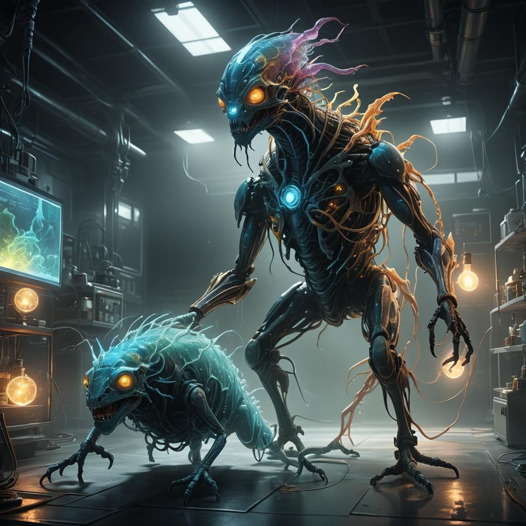 Bioluminescent Creatures Assemble in Misty Laboratory