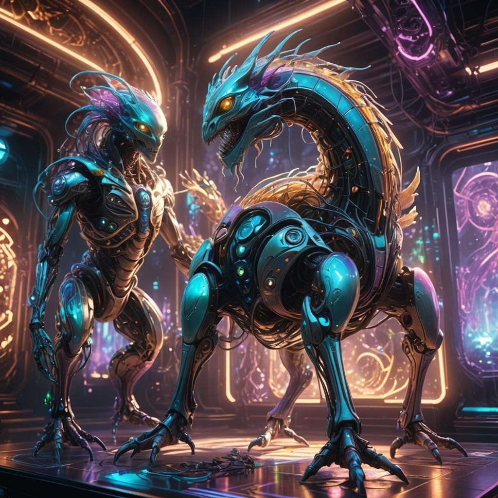 AI Creature Assembling Biomechanical Being: Digital Matte Pa...