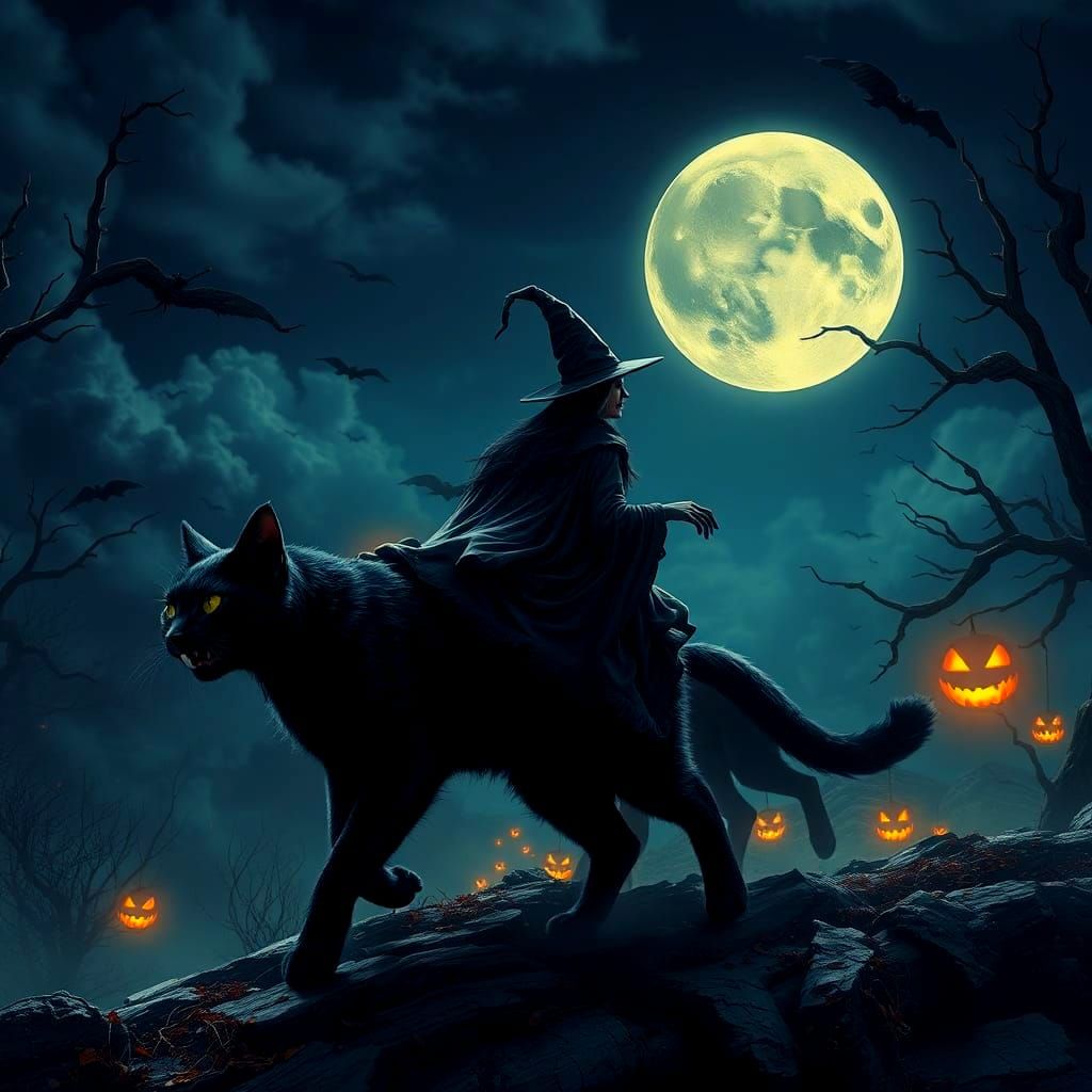 Witches Ride Black Cats on Halloween Night