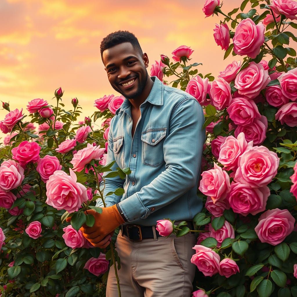 A Young Man Tends to His Vibrant Rose Garden in a Dreamy, Go...