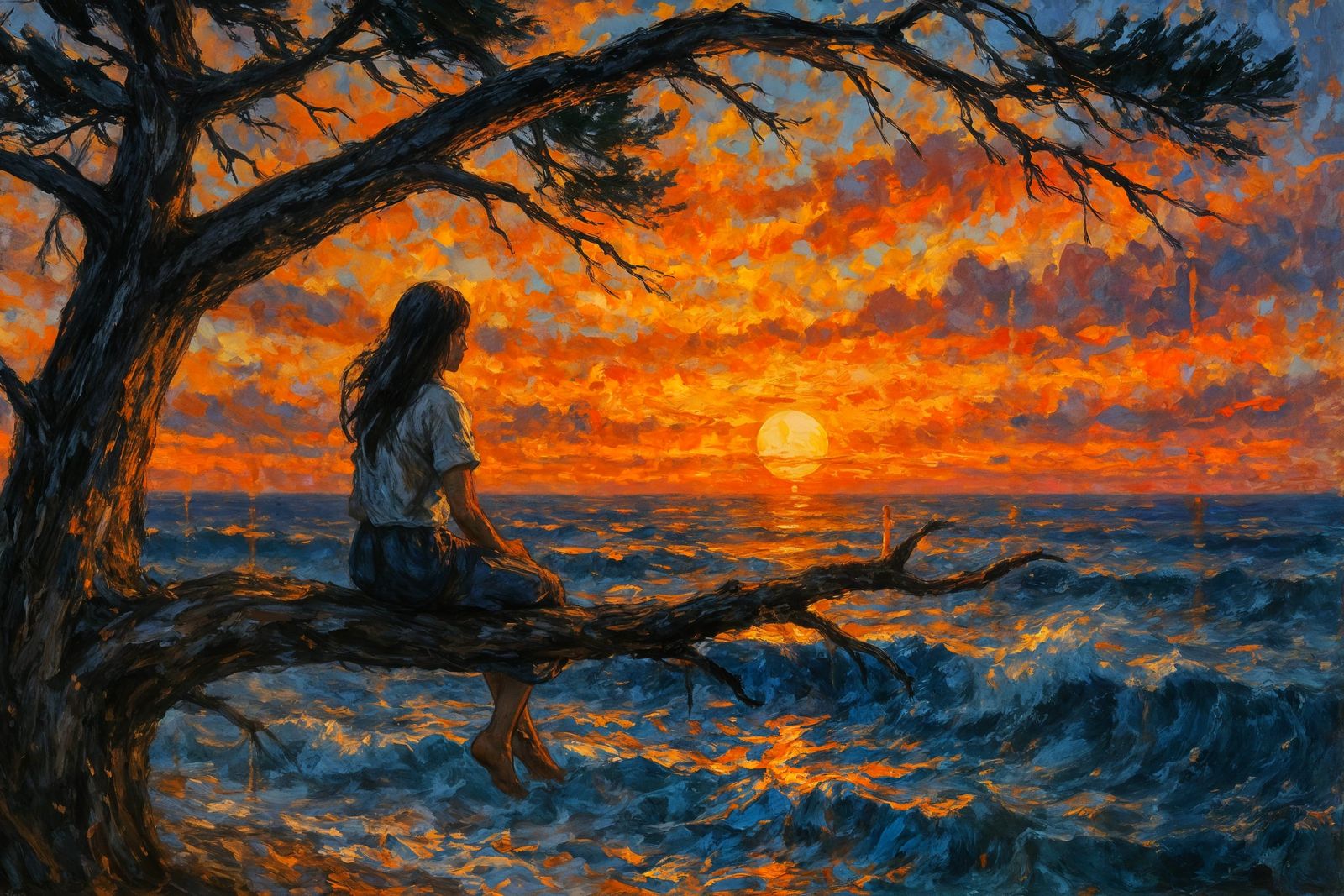 Ethereal Ocean Sunset in Impressionistic Brushstrokes