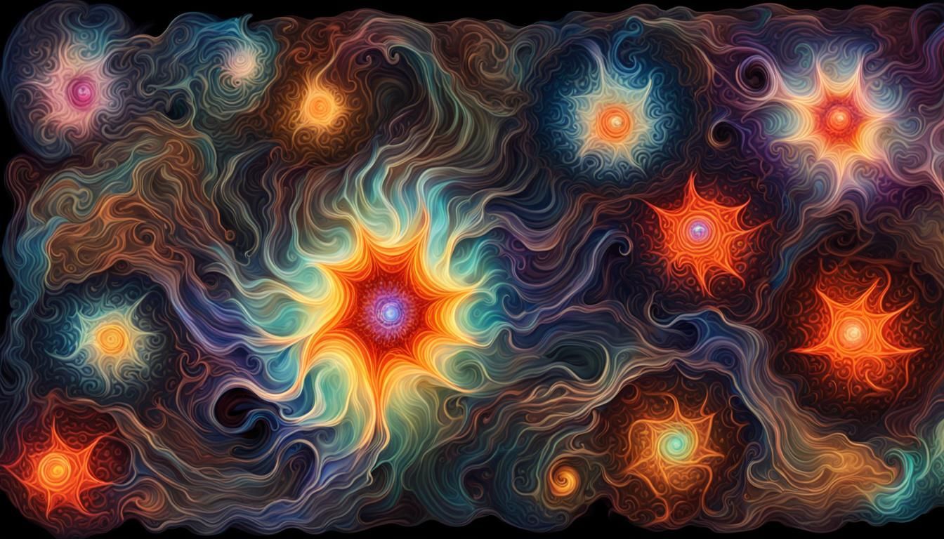 Iridescent Stars in Swirling Plasma Maelstrom: Impasto Style