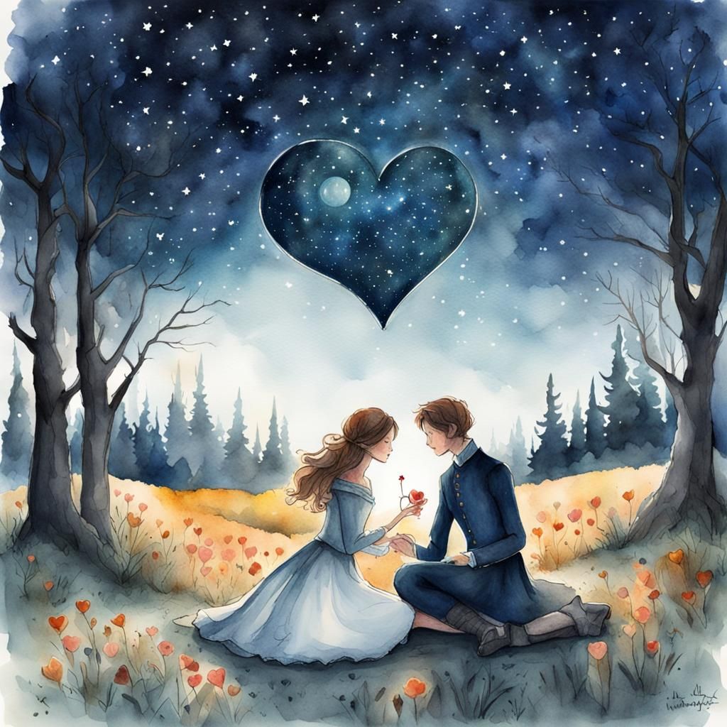 Romantic Heart Under Stars: Storybook Watercolor
