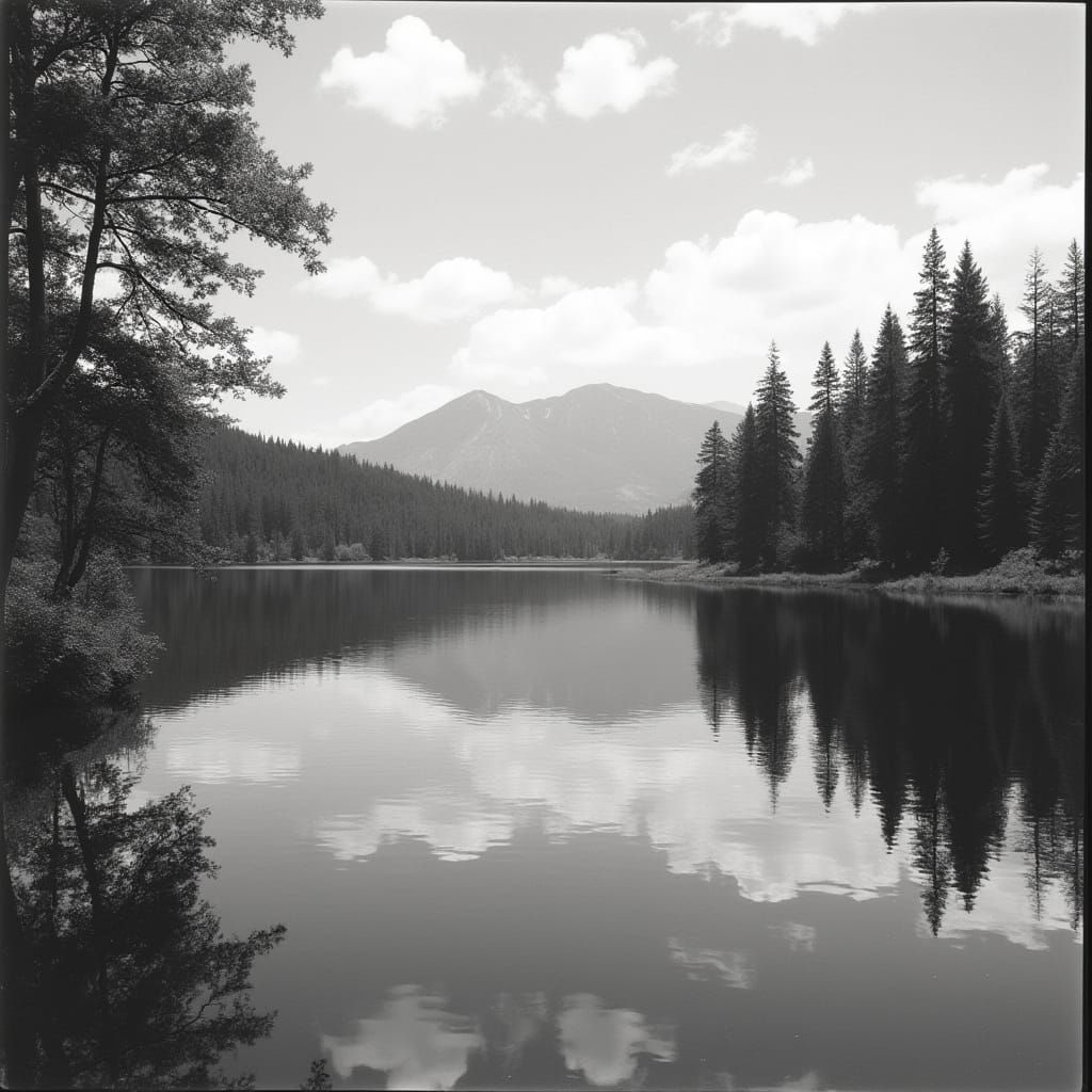Serene Platinum Print Landscape with Calm Lake and Distant M...