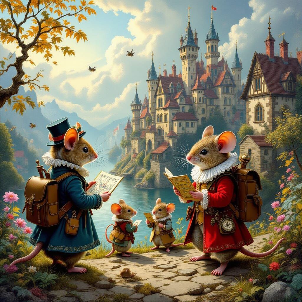 Bosch-Inspired Landscape with Mice Explorers in Oil Painting...