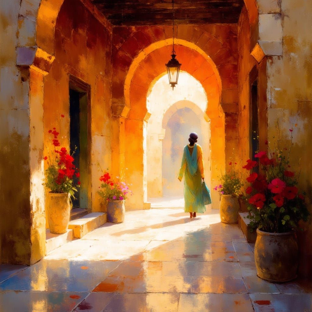 Moroccan Temple at Golden Hour in Impressionist Style