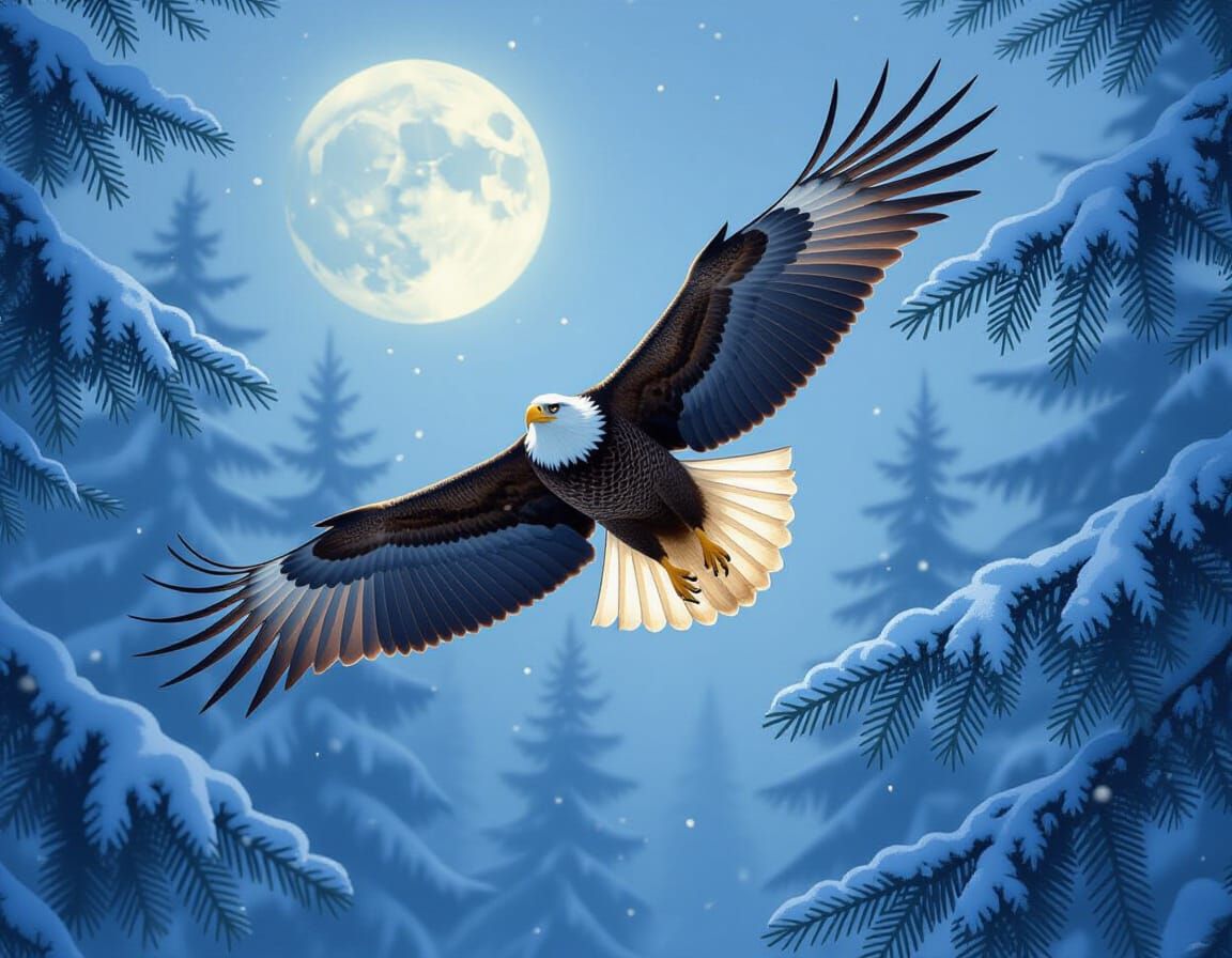 American Bald Eagle Soaring in Moonlit Winter Forest