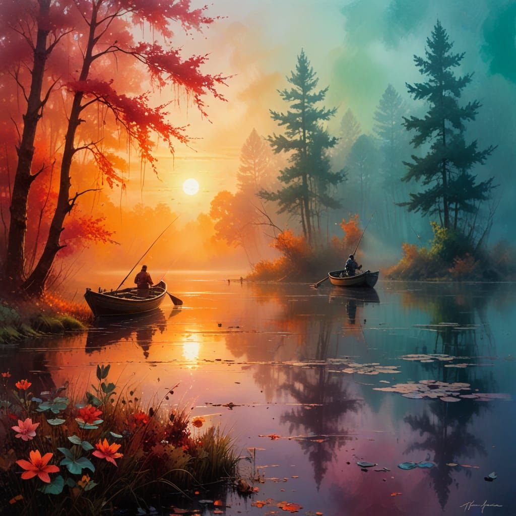 Vibrant Autumn Lake Scene with Silhouetted Fishermen