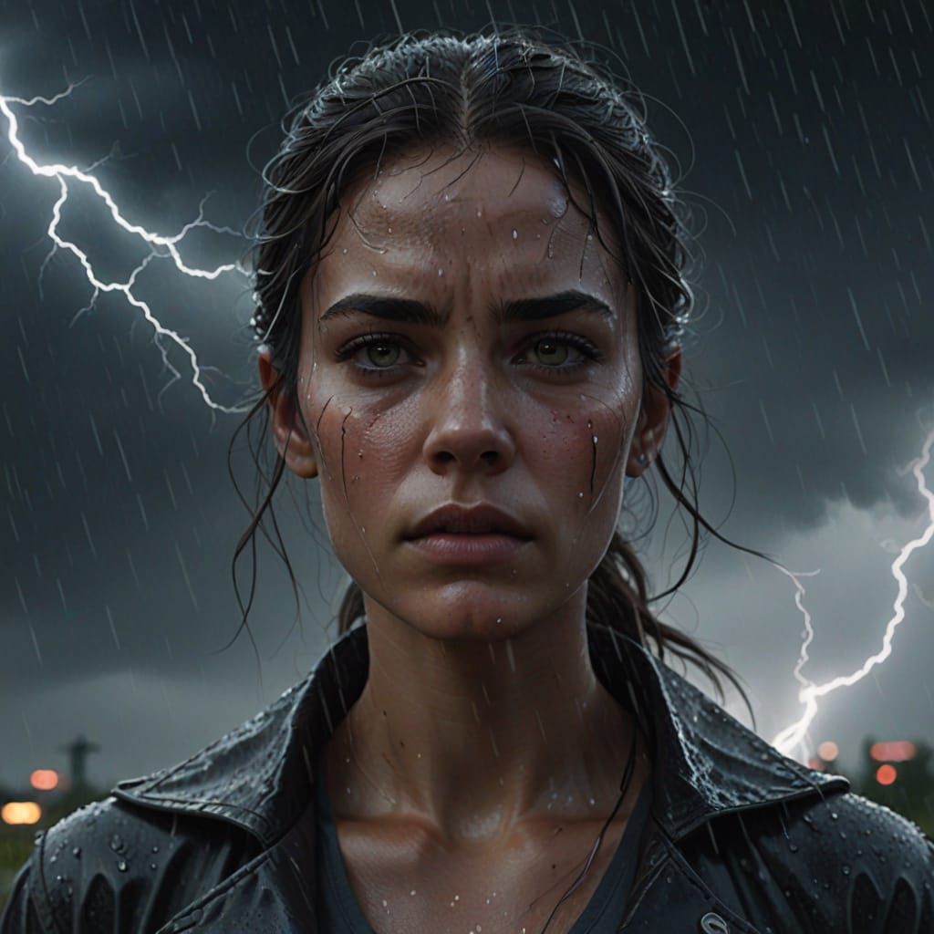 Girl Sweating in Dramatic Thunderstorm Concept Art