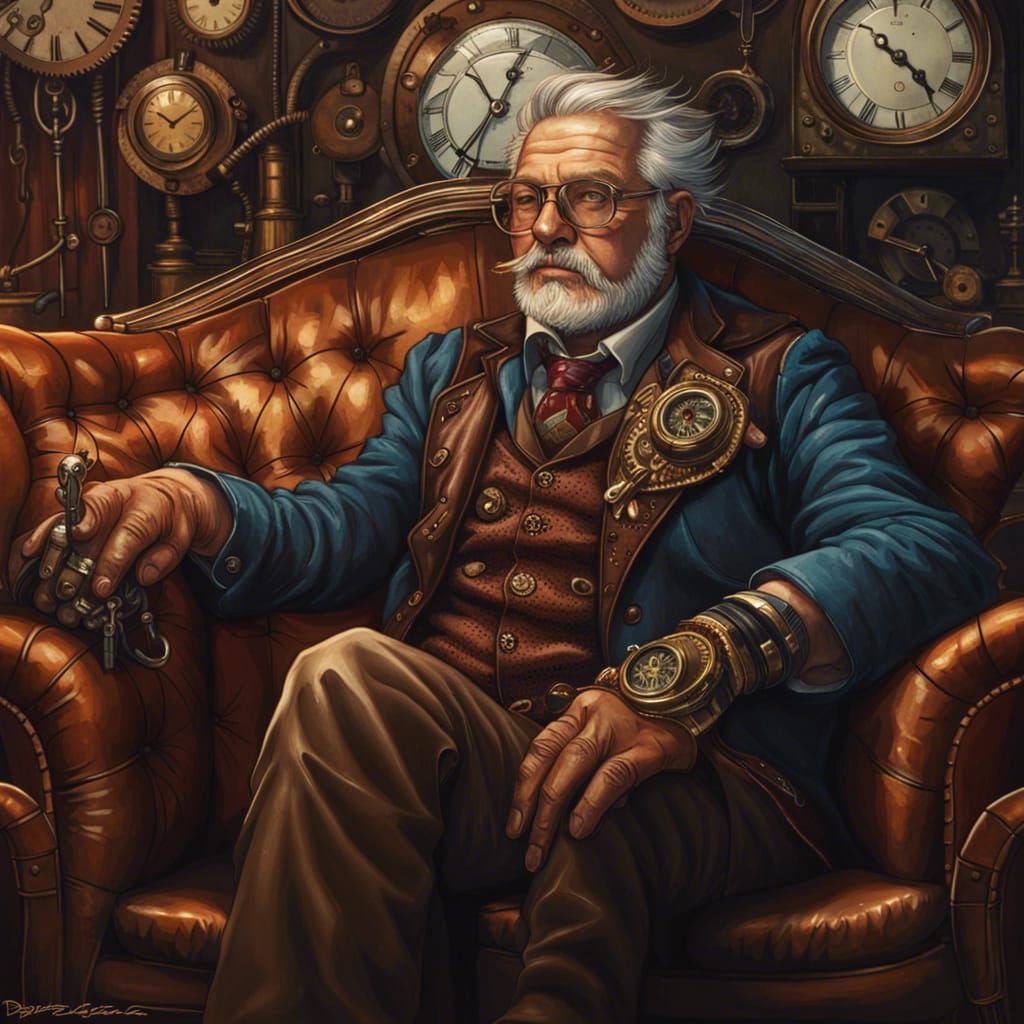 Steampunk-grandpa on a sofa