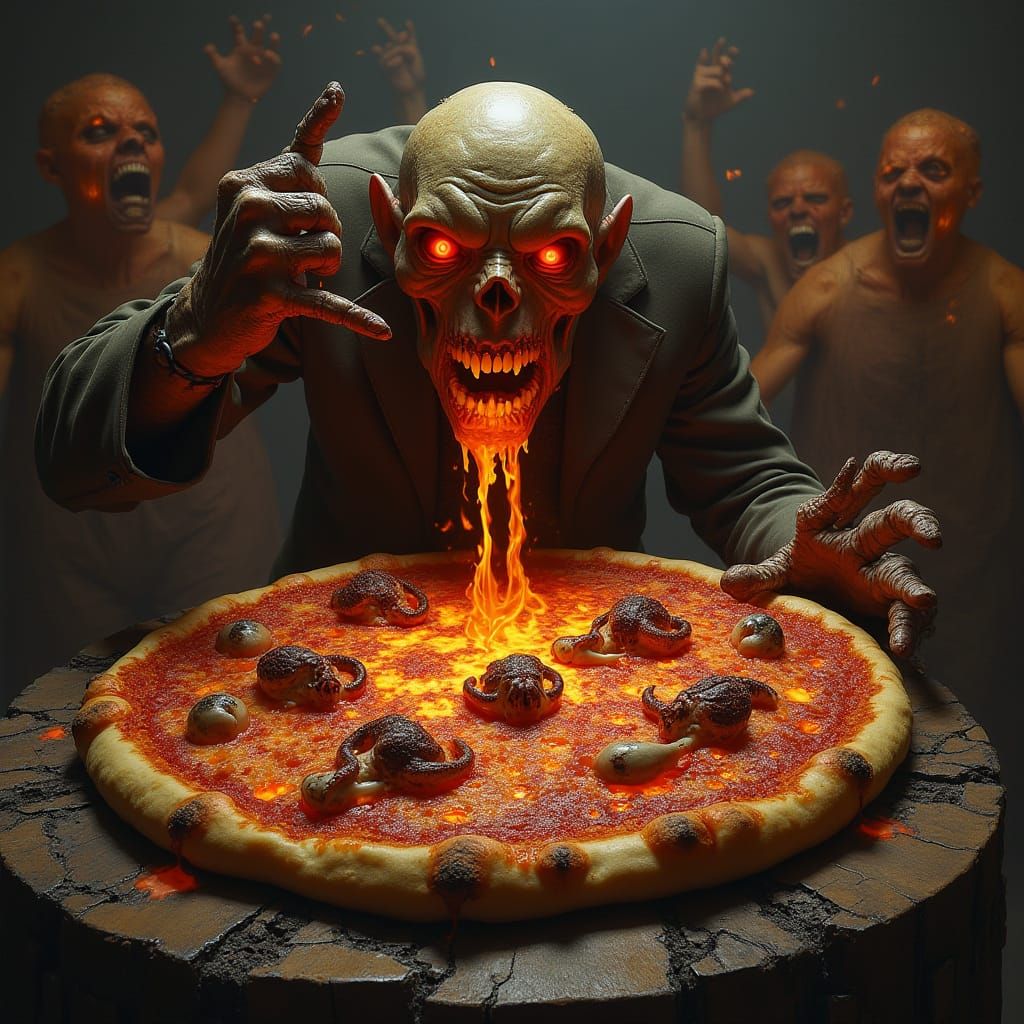 Infernal Pizza Devoured in Hell: Grotesque Surrealism