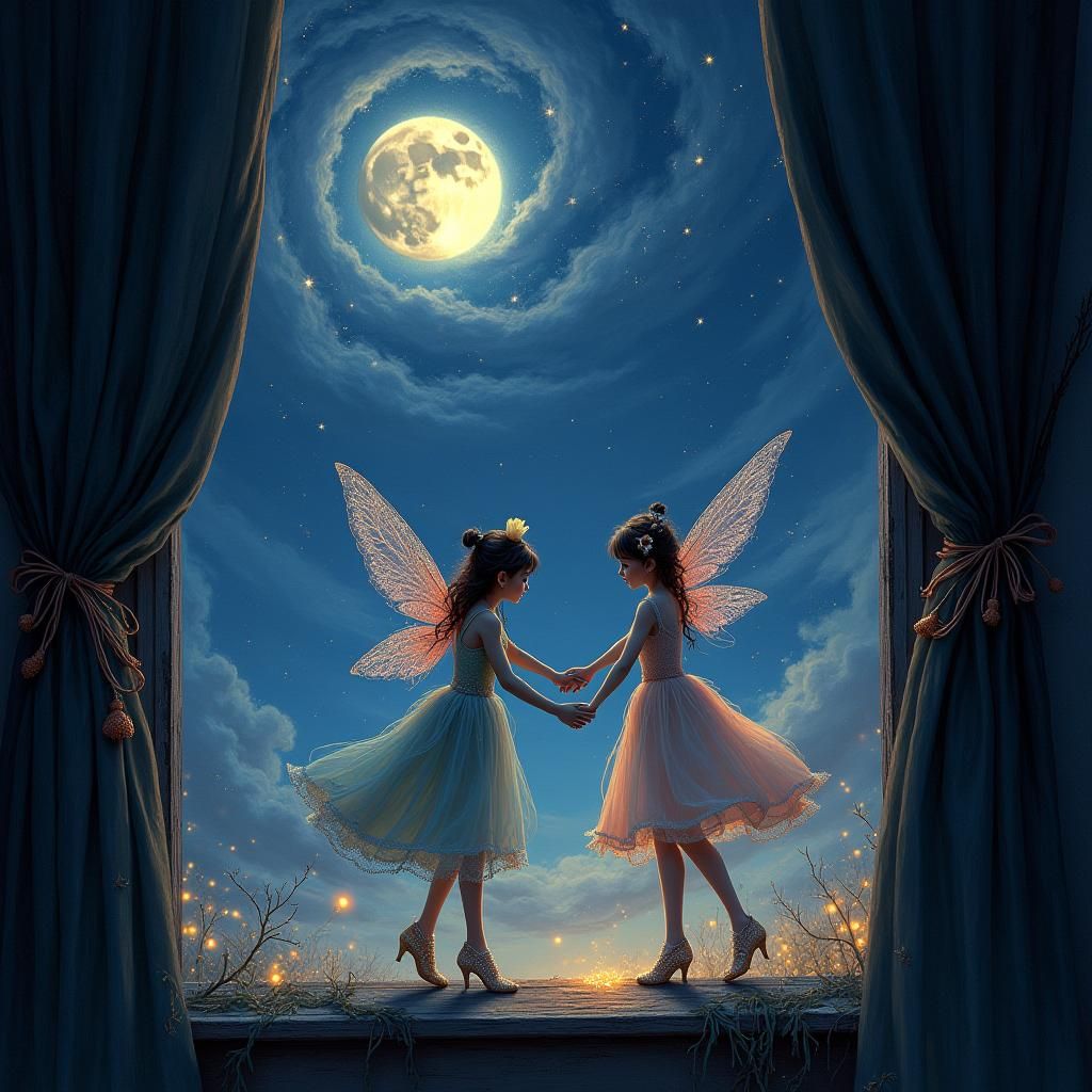 Fairies Dancing on Moonlit Window Sill