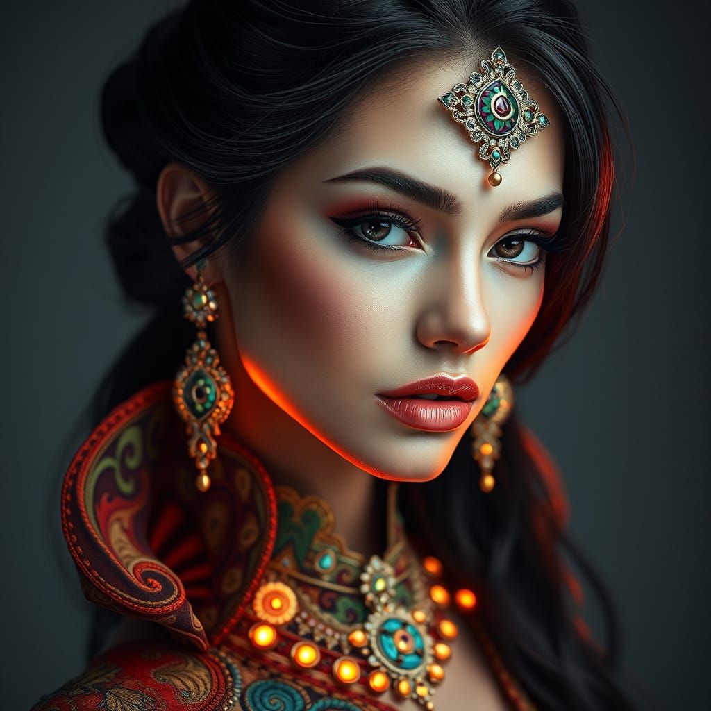 Beautiful Woman Portrait in Opulent Digital Art Style
