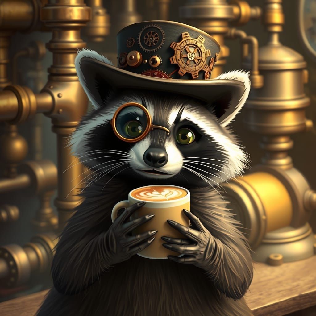 Steampunk Raccoon Sips Latte in Whimsical Industrial Scene