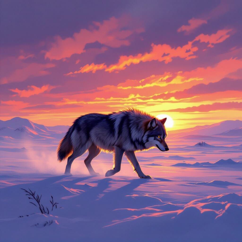 Lone Wolf Hunts Tundra at Fiery Sunset