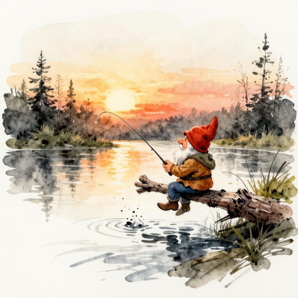 Watercolour Expressionist Gnome Fishing at Sunset