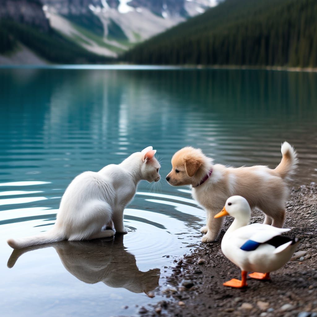 Cute Cat and Puppy Meet by Crystal Lake