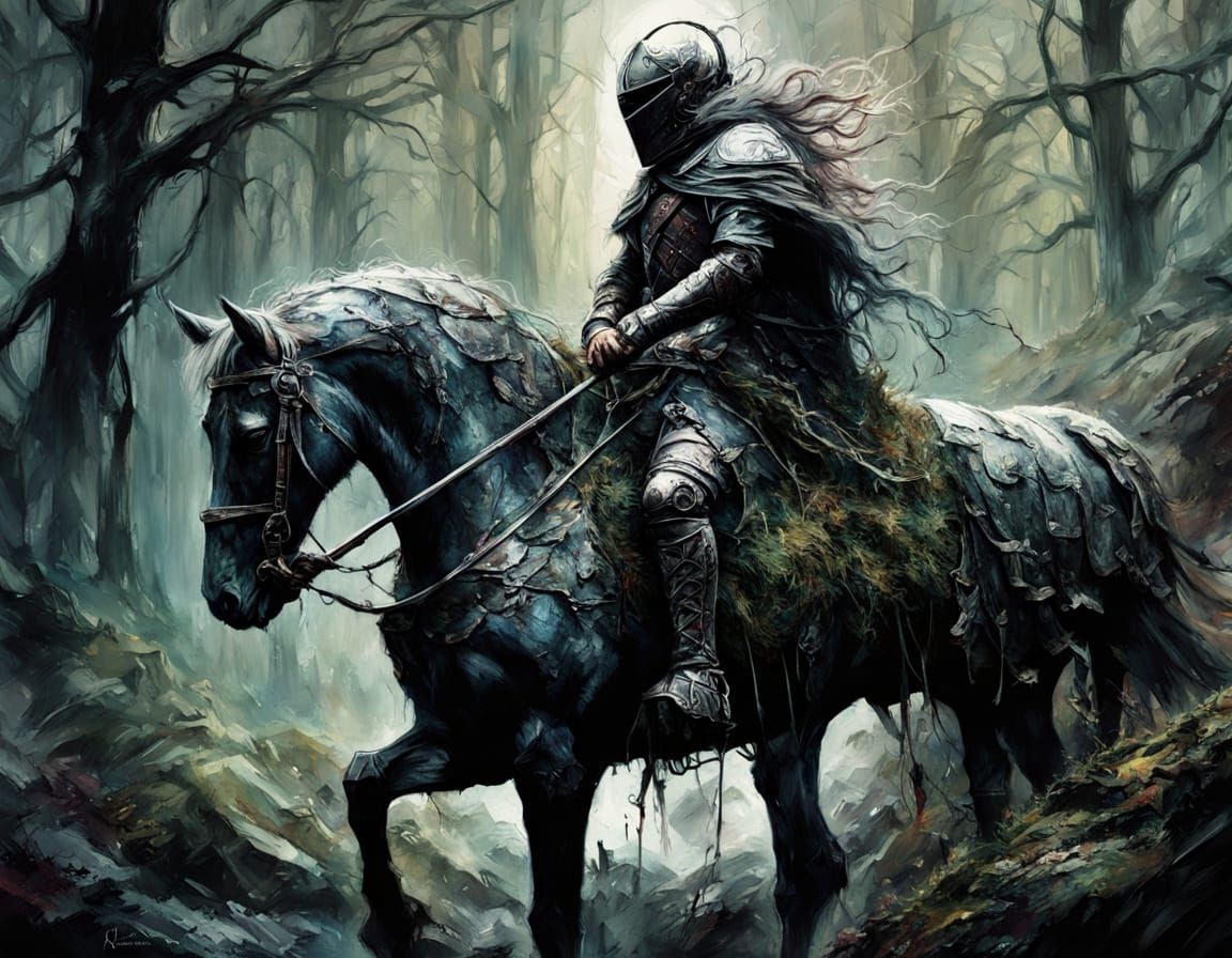 Stone Knight Defends Forest Path in Dark Fantasy Art