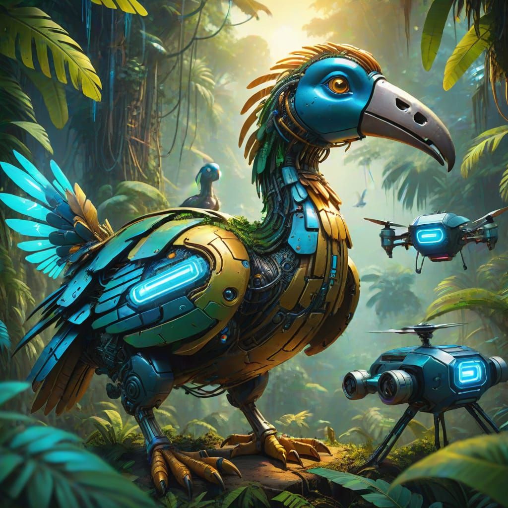 Dodo Bird & Cybernetic Drone in Lush Jungle